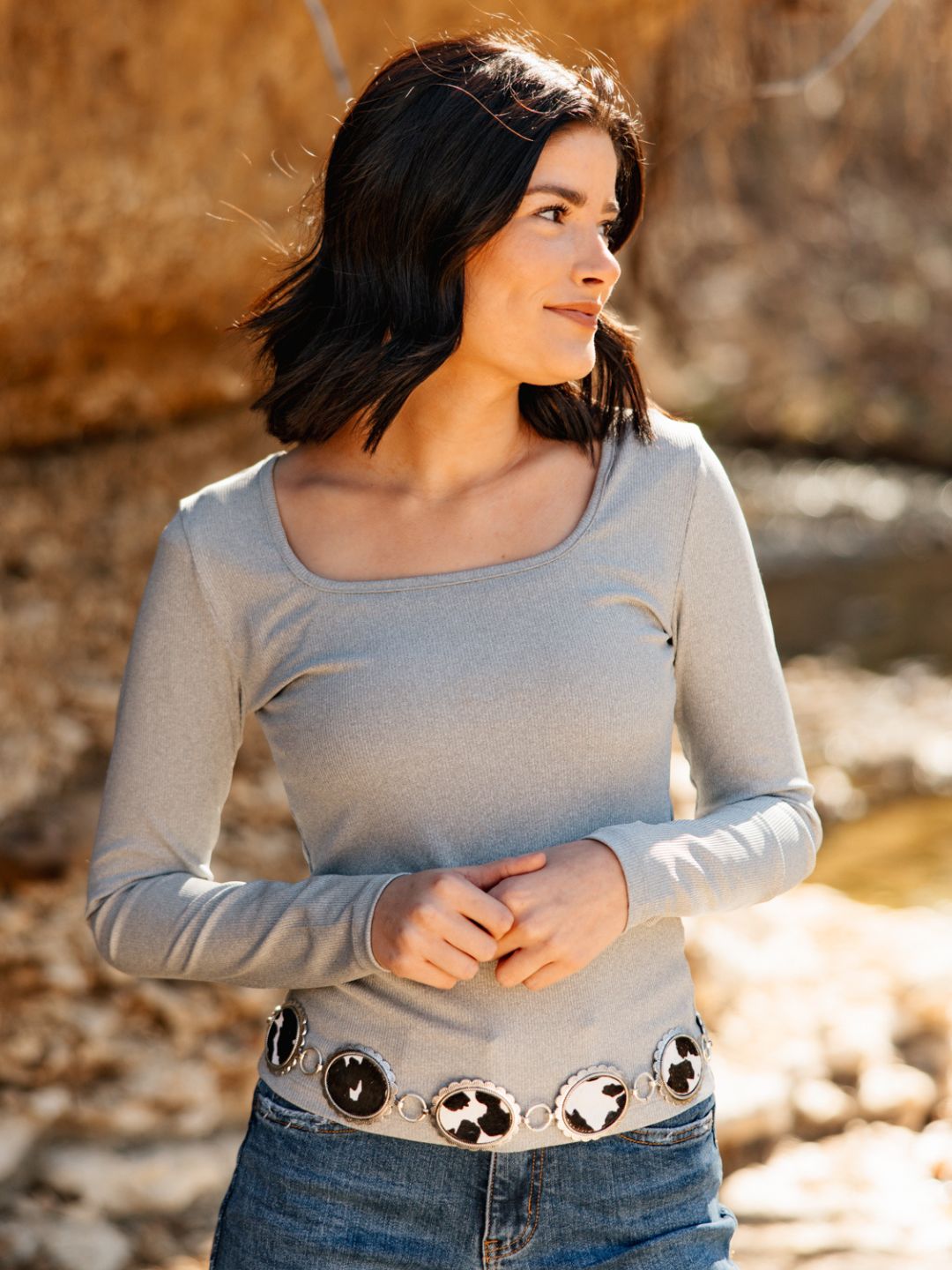Grace and Emma Square Neck Long Sleeve Top, Grey
