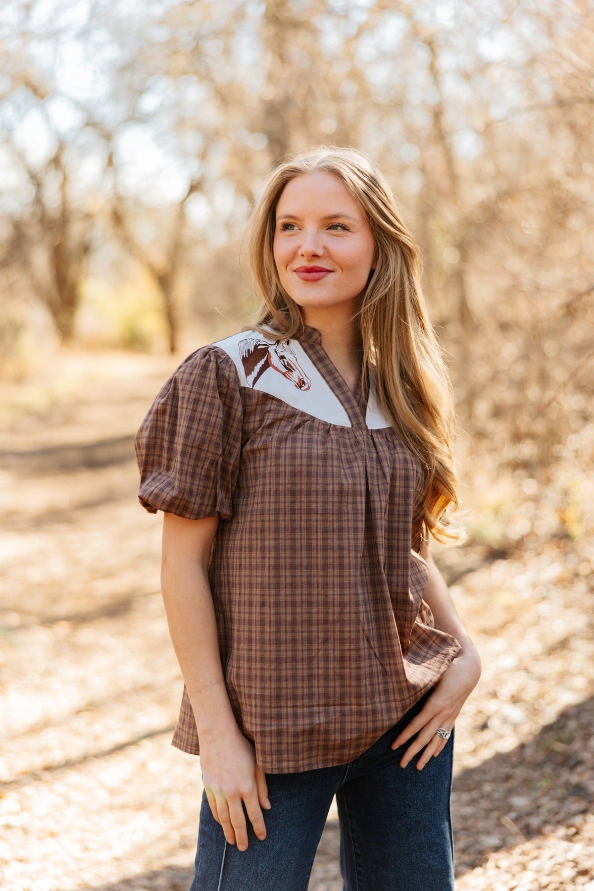 Grace and Emma Western Yoke Collared Top with Embroidered Horses
