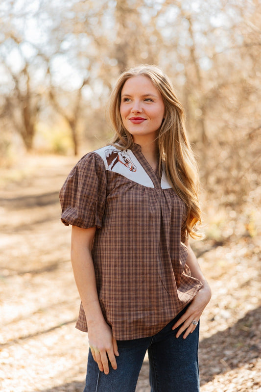 Grace and Emma Western Yoke Collared Top with Embroidered Horses