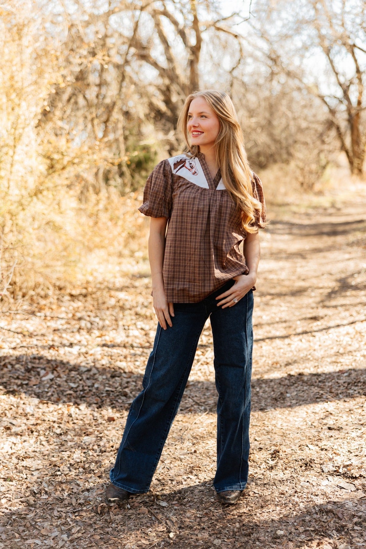 Grace and Emma Western Yoke Collared Top with Embroidered Horses