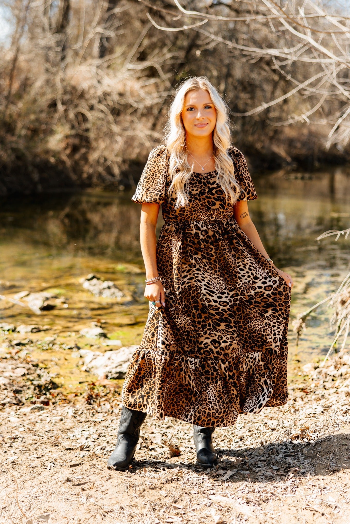 Grace & Emma Puff Sleeve Midi Dress, Leopard