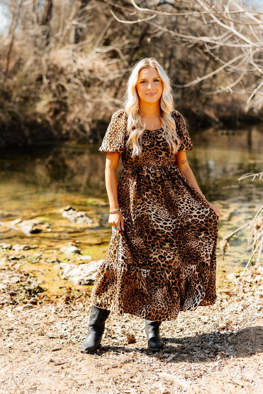 Grace & Emma Puff Sleeve Midi Dress, Leopard
