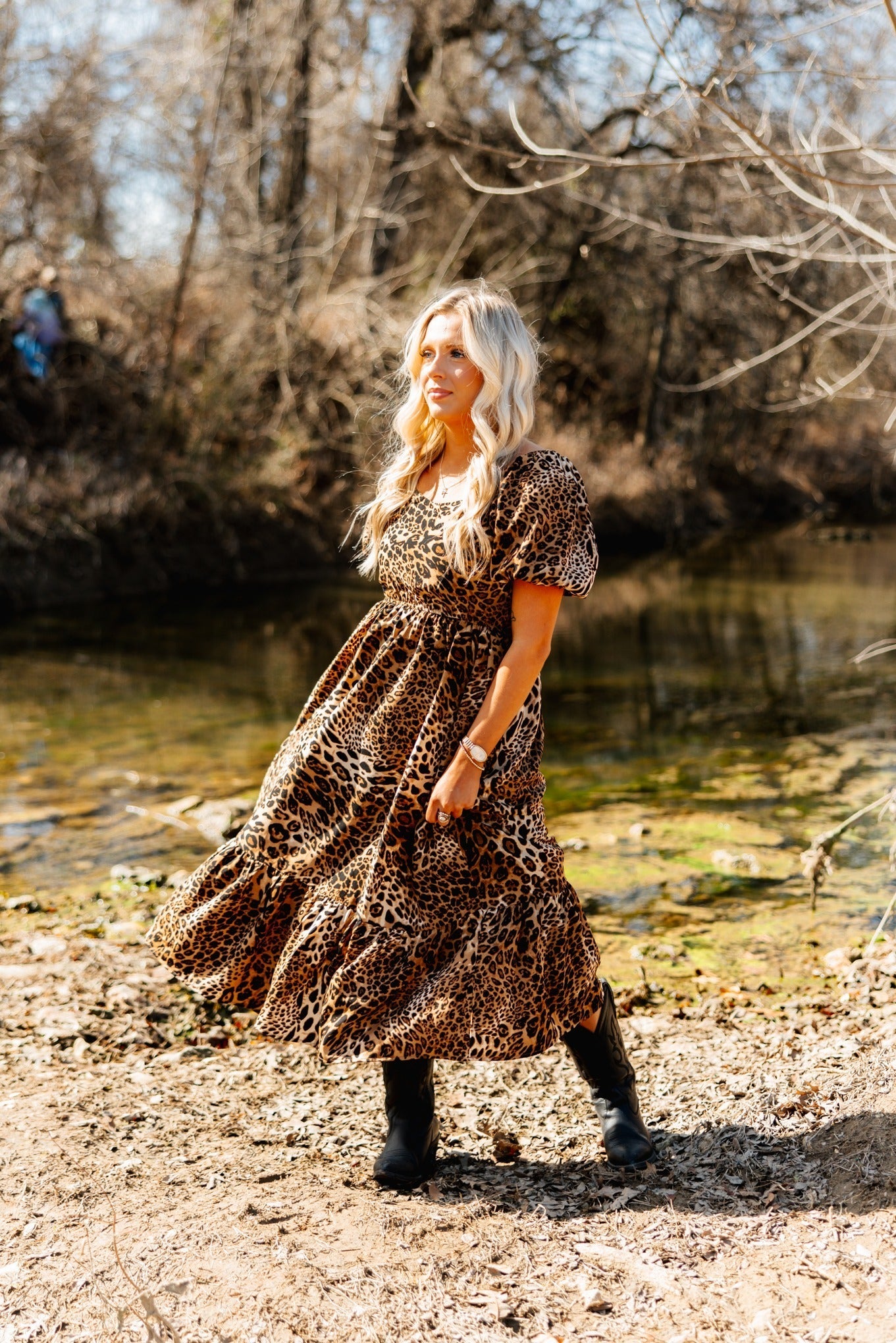 Grace & Emma Puff Sleeve Midi Dress, Leopard