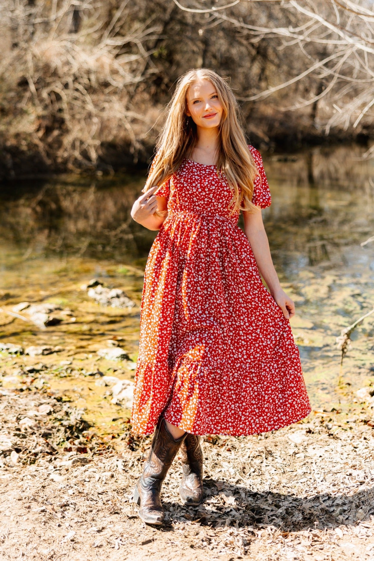 Grace & Emma Puff Sleeve Midi Dress, Red Floral