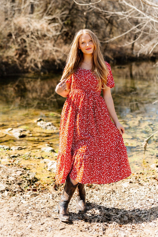 Grace & Emma Puff Sleeve Midi Dress, Red Floral