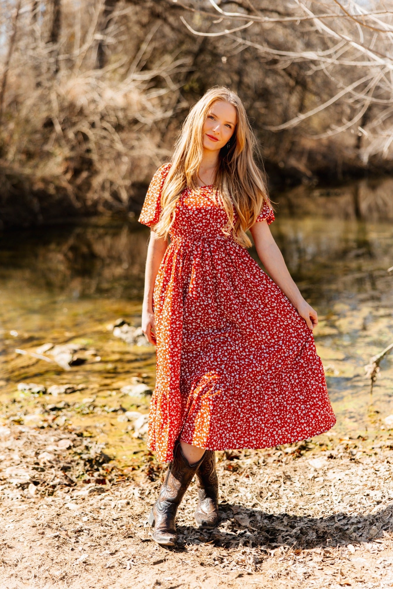 Grace & Emma Puff Sleeve Midi Dress, Red Floral