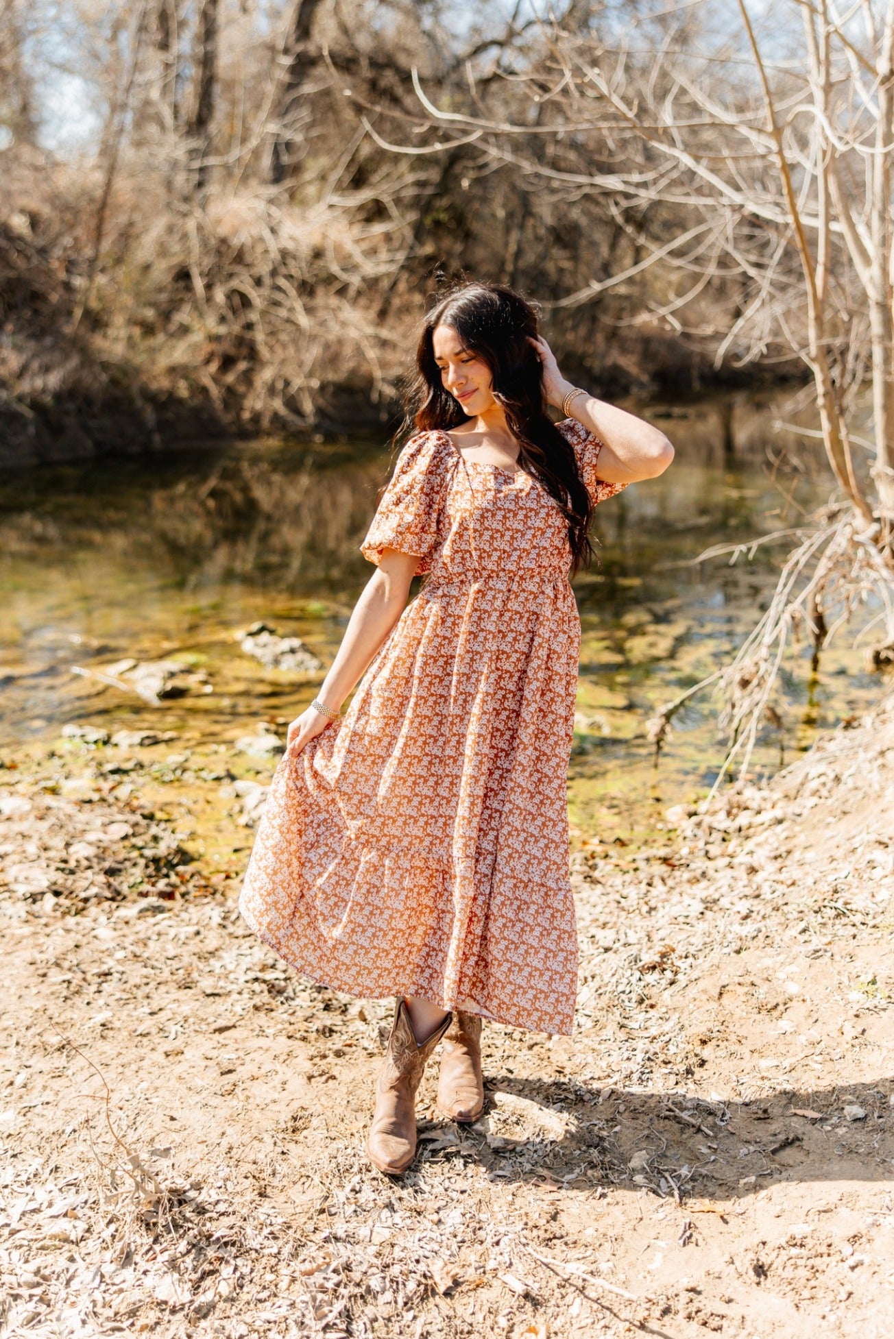 Grace & Emma Puff Sleeve Midi Dress, Rust Floral
