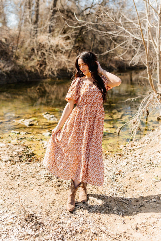 Grace & Emma Puff Sleeve Midi Dress, Rust Floral