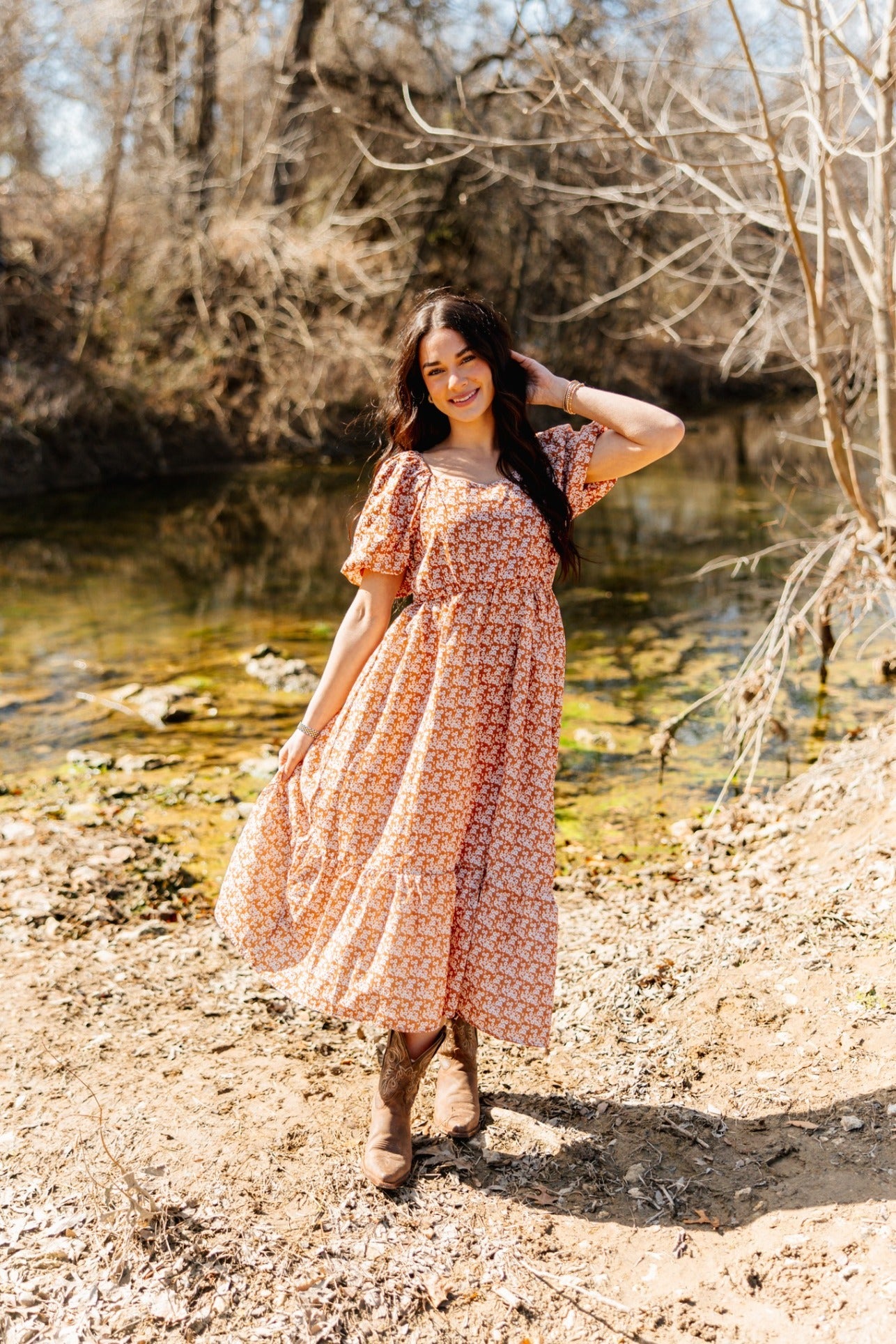 Grace & Emma Puff Sleeve Midi Dress, Rust Floral