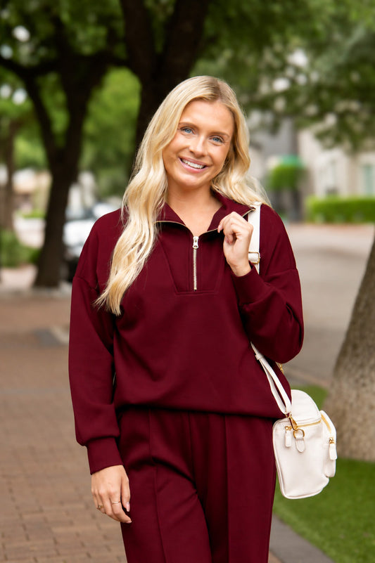 Grace & Emma Butter Soft Quarter-Zip Top, Maroon