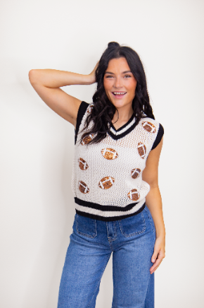 Grace and Emma Glitter Football Patches Knit White Vest