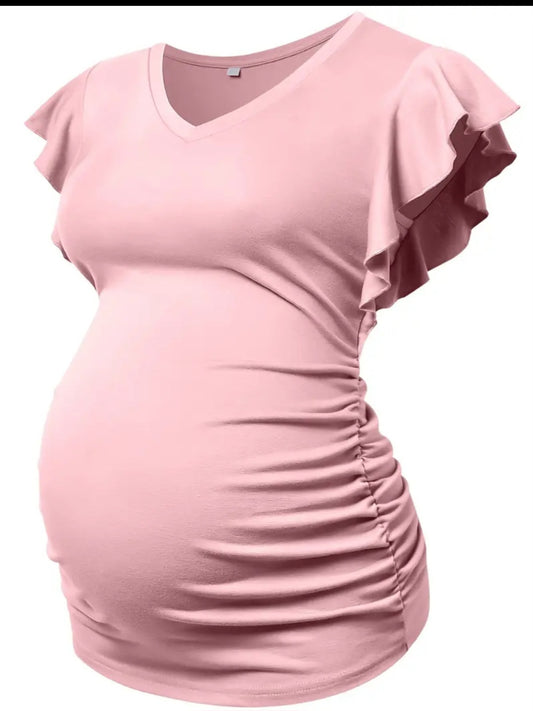 Stylish Maternity Summer Tee - Elegant Ruffled V-neck, Skinny Fit, Cotton Stretch Comfort