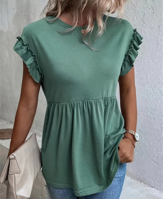 Women's Solid Color Tee with Ruffle Sleeve Detail - Casual Crew Neck Top for Spring & Summer Wear