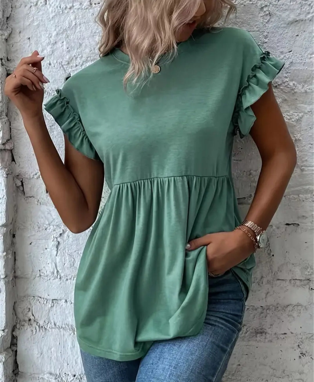 Women's Solid Color Tee with Ruffle Sleeve Detail - Casual Crew Neck Top for Spring & Summer Wear