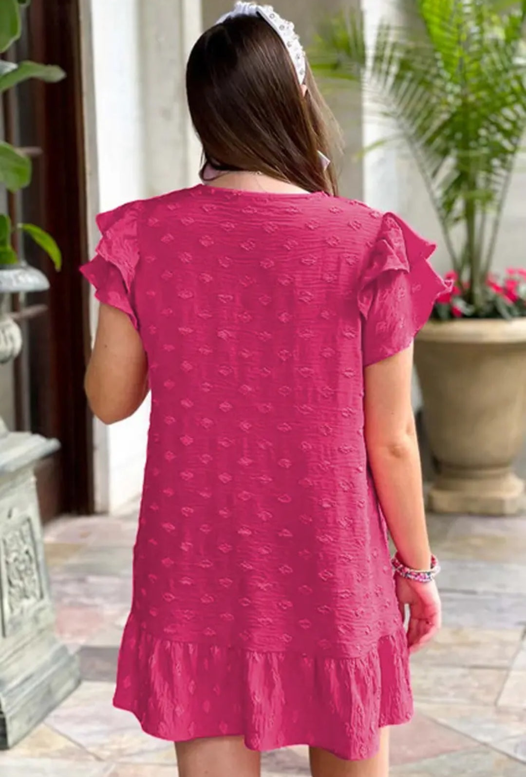 Pink Plus Size Jacquard Short Ruffle Sleeve Mini Dress