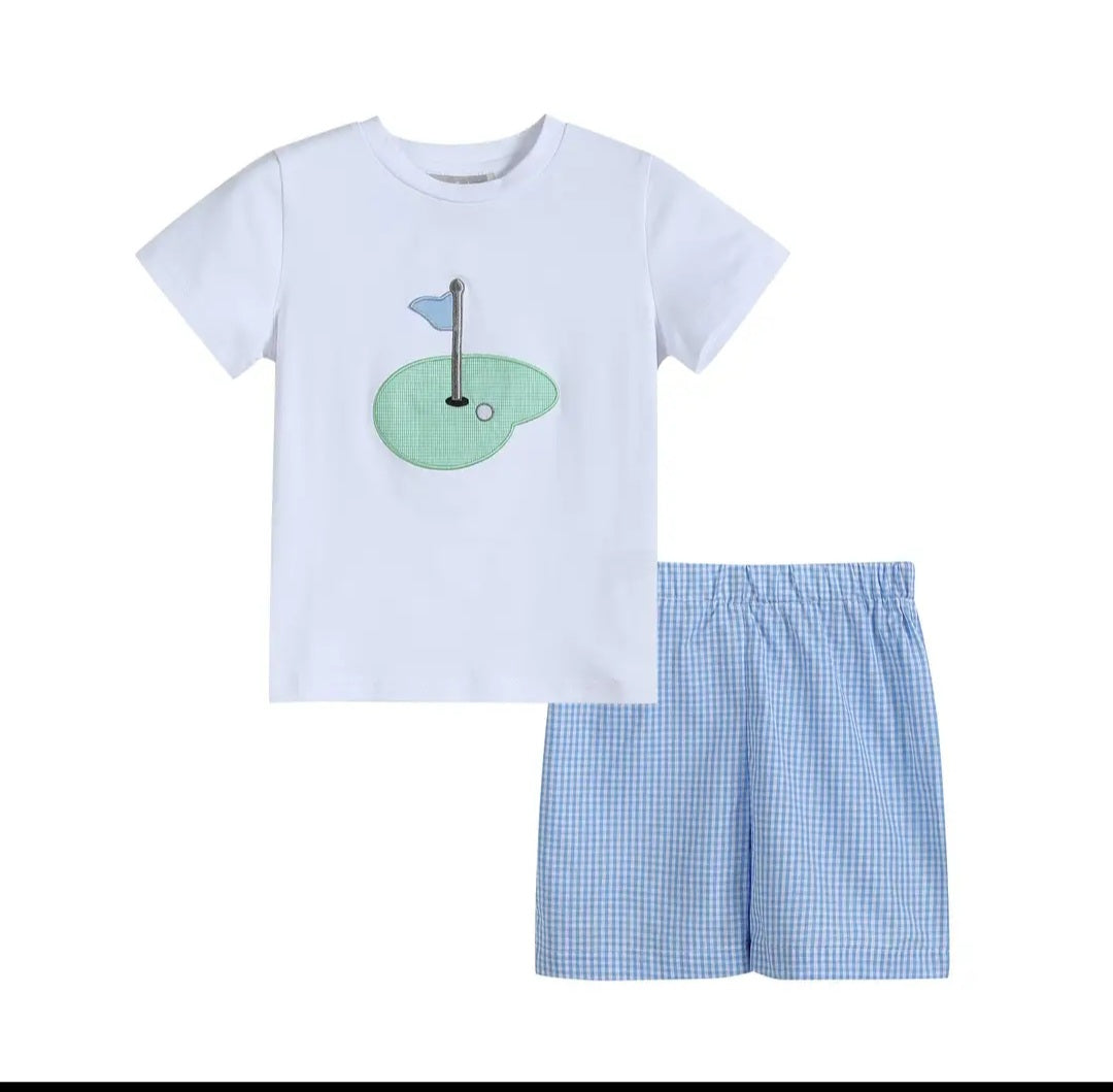Blue Gingham Golf Hole Shirt and Short set