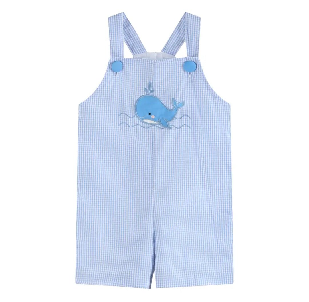 Blue Gingham Whale Overall Shortalls