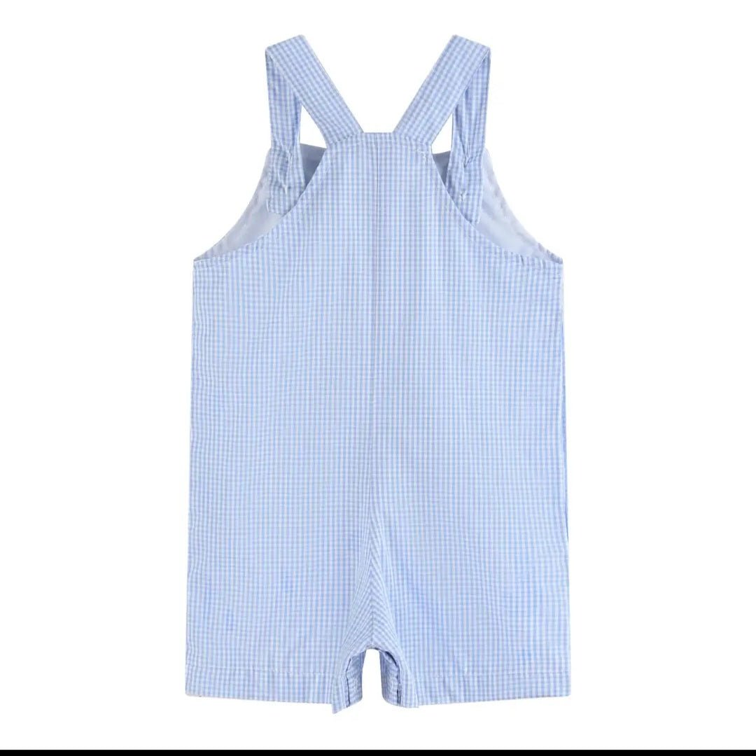 Blue Gingham Whale Overall Shortalls