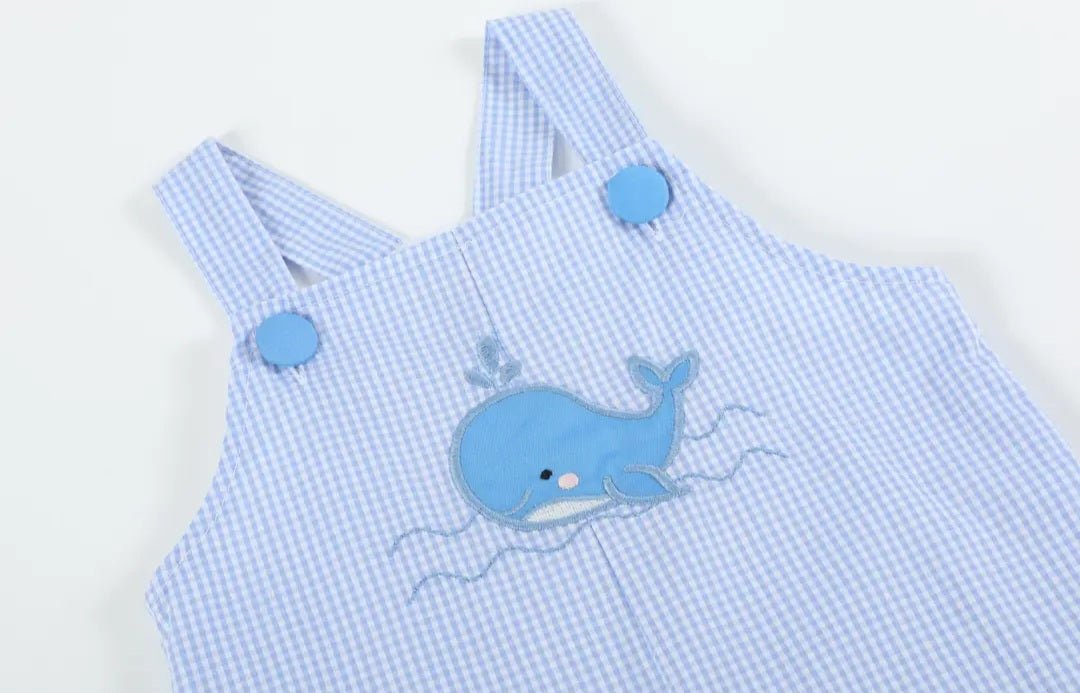 Blue Gingham Whale Overall Shortalls