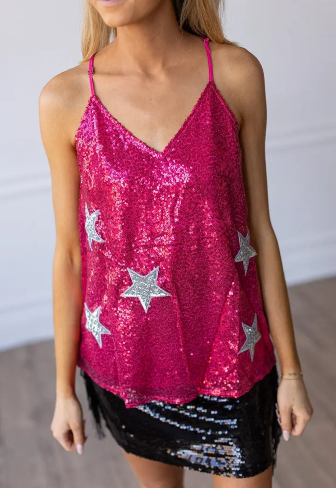 Destined To Shine Hot Pink Sequin Tank with Silver Stars