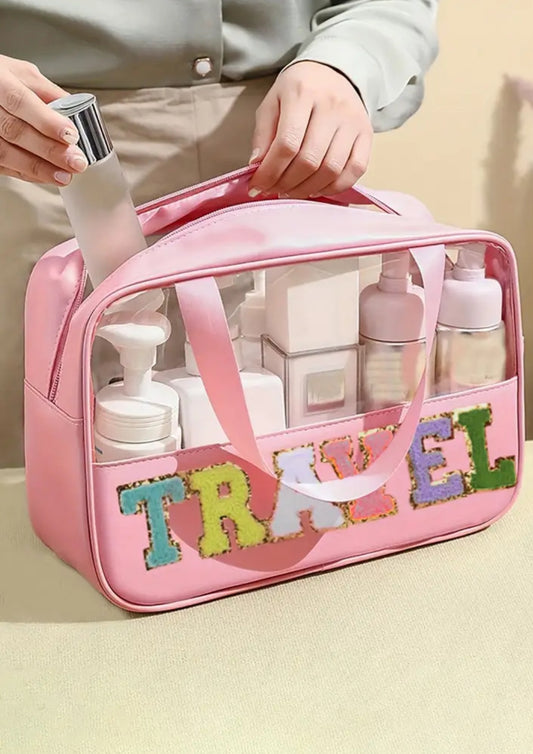 Light Pink Travel Chenille Letter Clear PVC Makeup Bag