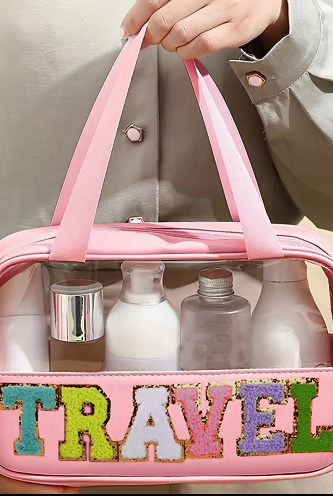 Light Pink Travel Chenille Letter Clear PVC Makeup Bag