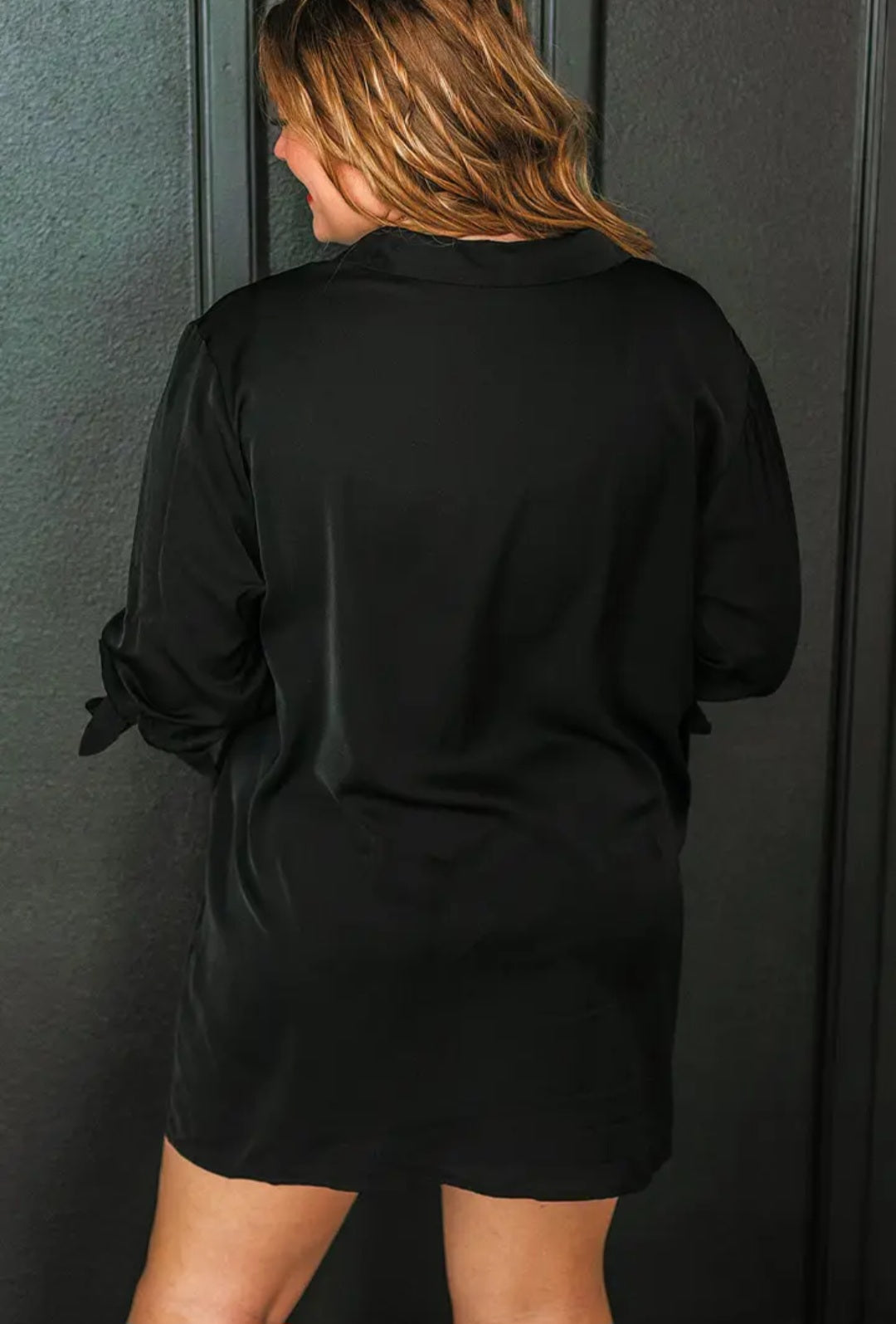 Black Plus Size Tie Cuffs V Neck Shirt Dress