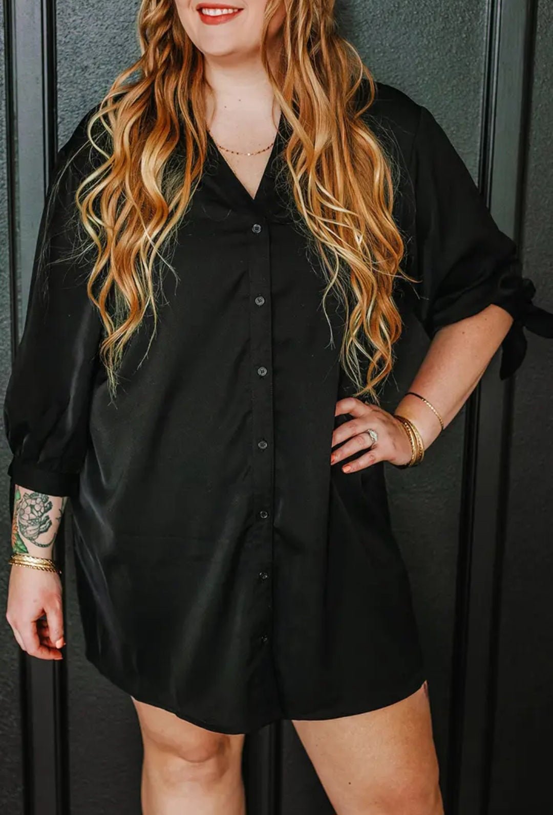 Black Plus Size Tie Cuffs V Neck Shirt Dress