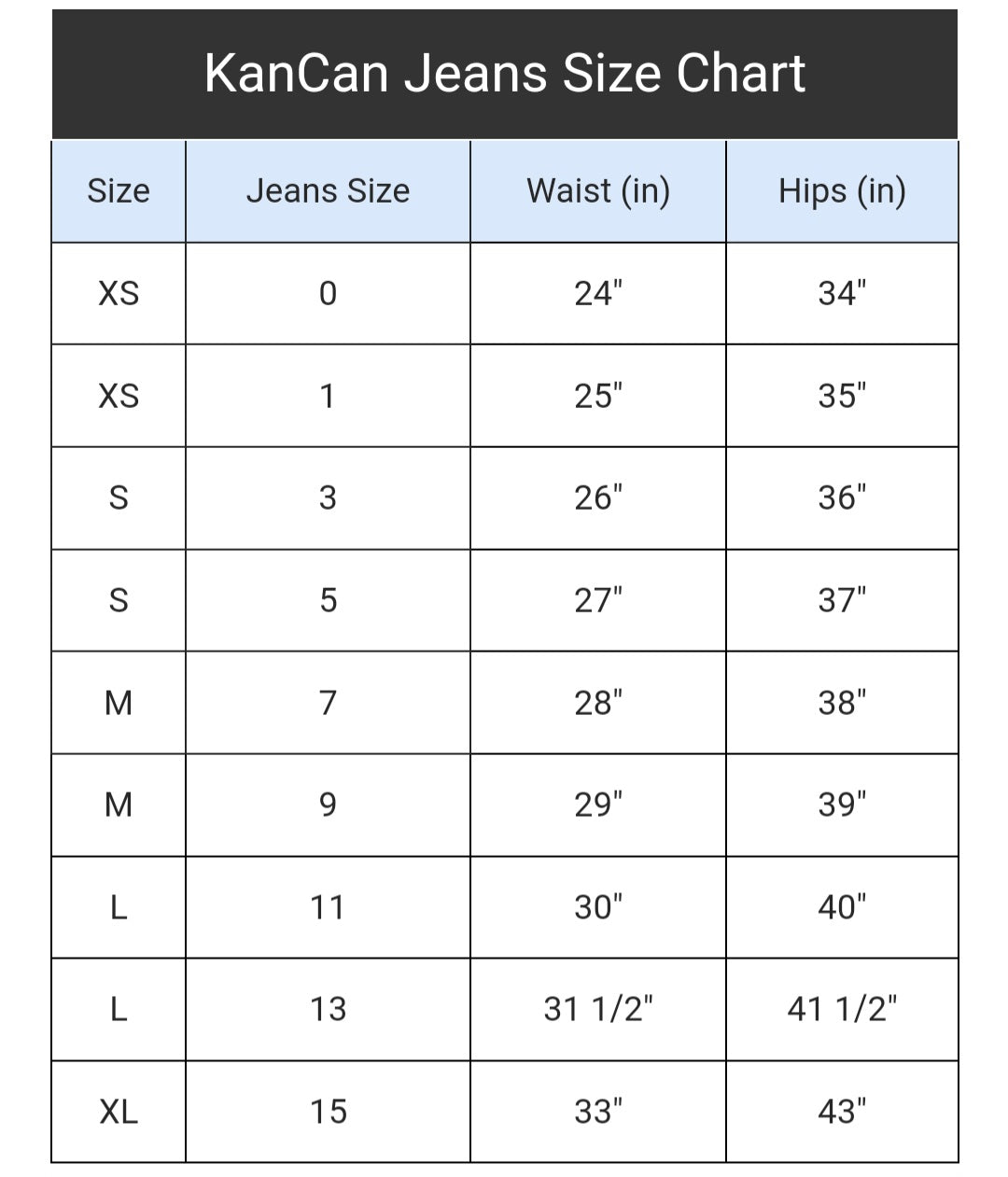 Kancan jean fashion size chart