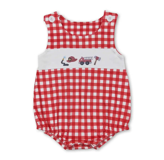 Red Plaid Fire Truck Baby Boys Summer Romper