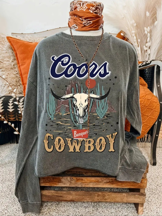 Graphic Print Coors Cowboy Crew Neck Sweatshirt