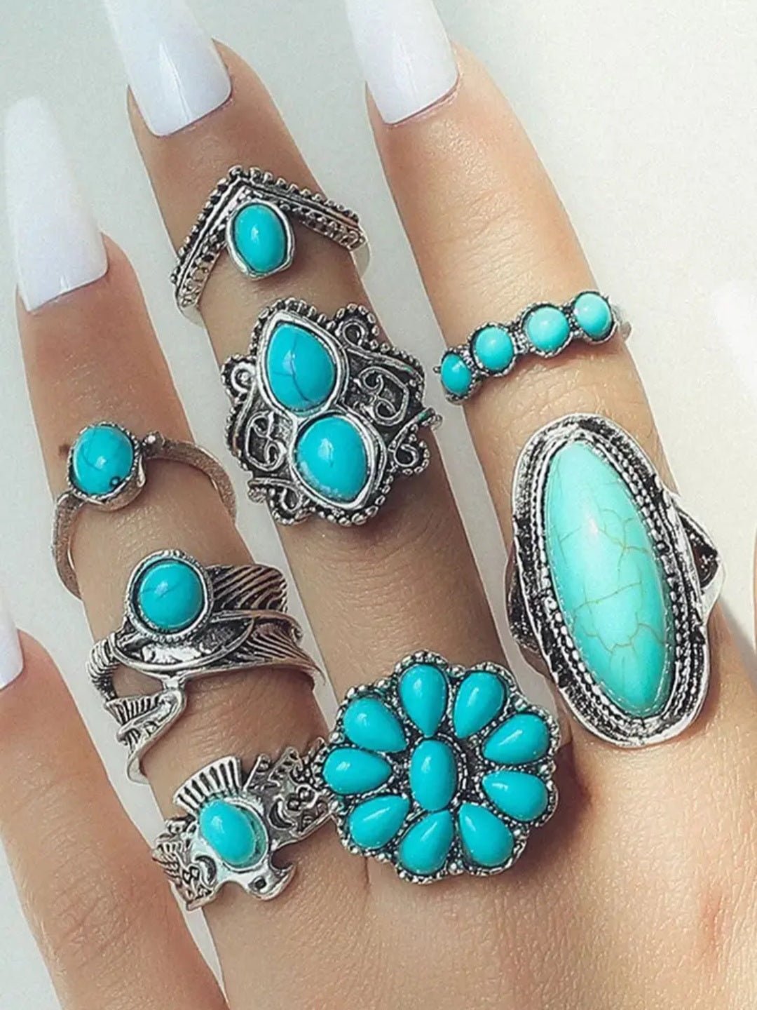 8 Piece Western Turquoise Ring Set