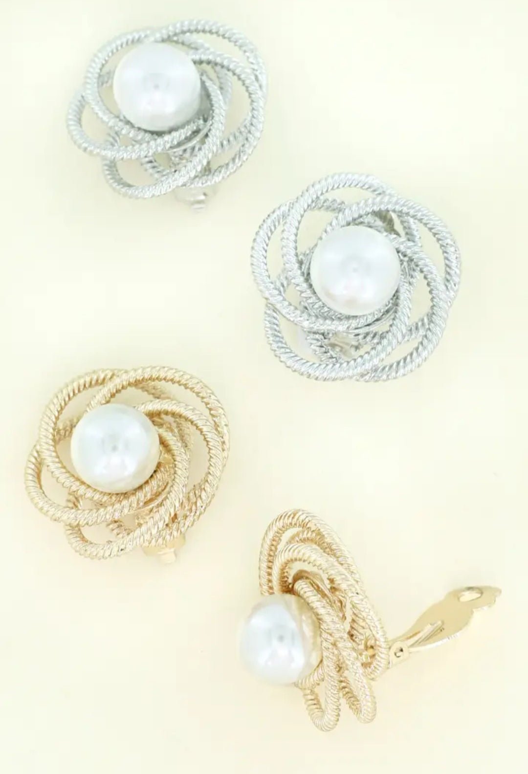 Antique Floral Metal Rope Knot with Pearl Clip-On Earrings