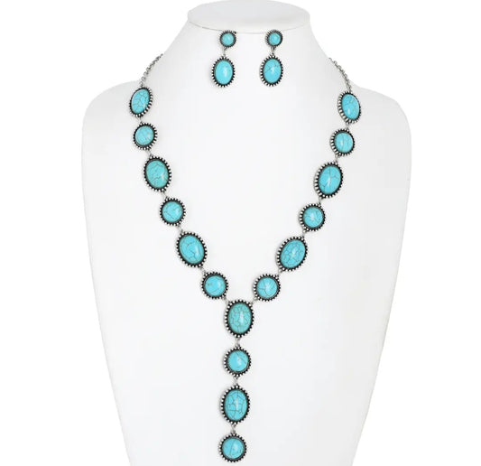 Western Oval Concho Turquoise Lariat Necklace Set