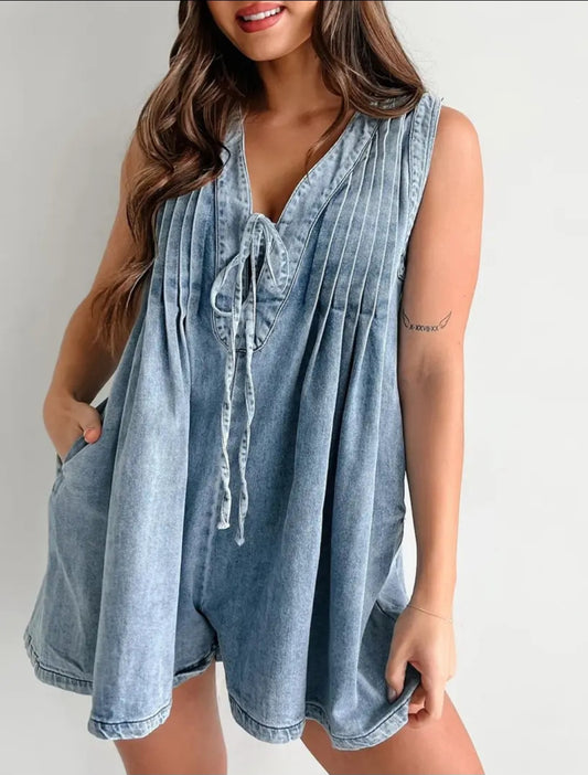 V-Neck Lace-Up Sleeveless Denim Shorts Jumpsuit