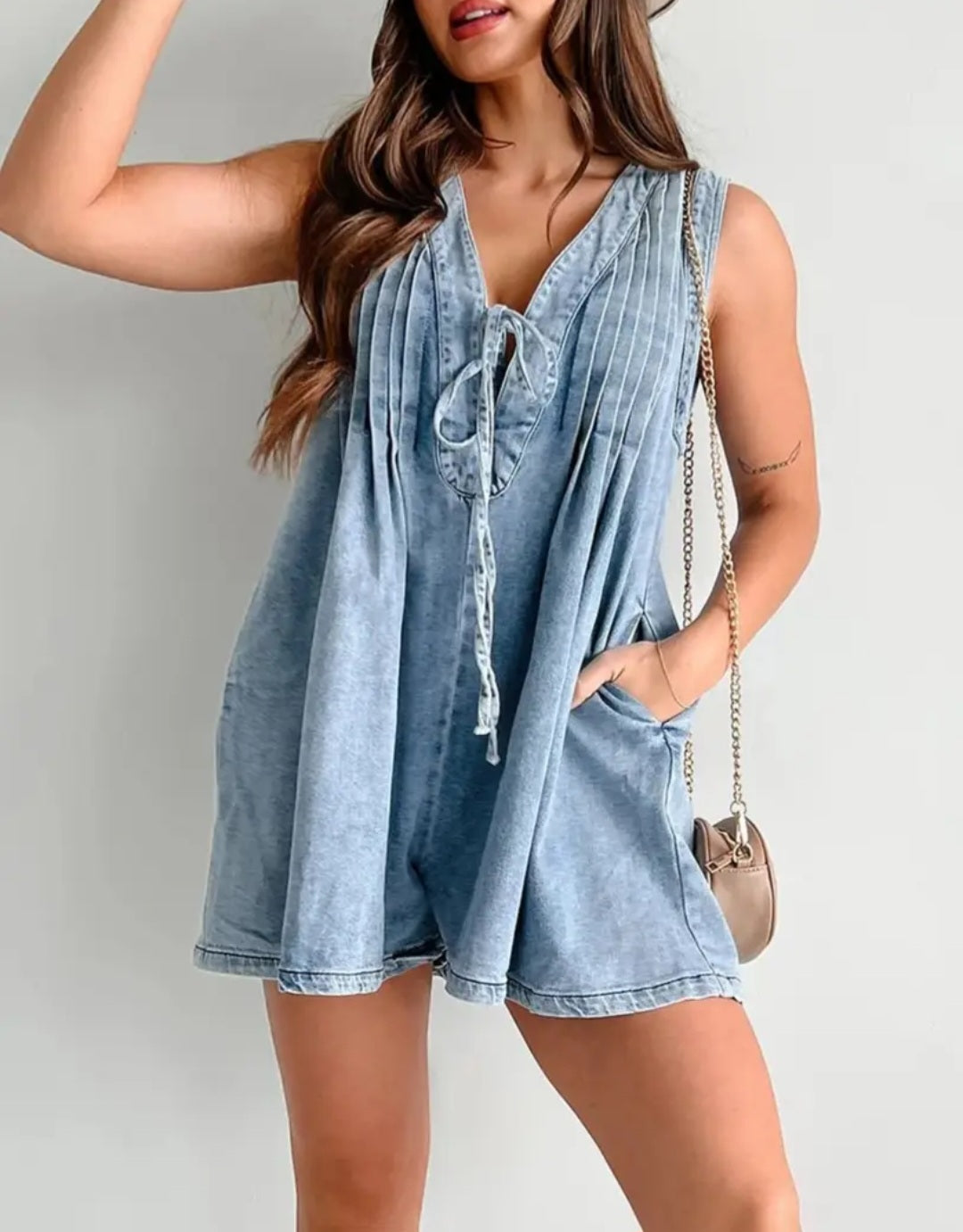 V-Neck Lace-Up Sleeveless Denim Shorts Jumpsuit