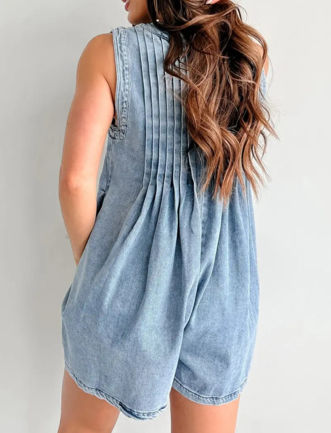 V-Neck Lace-Up Sleeveless Denim Shorts Jumpsuit