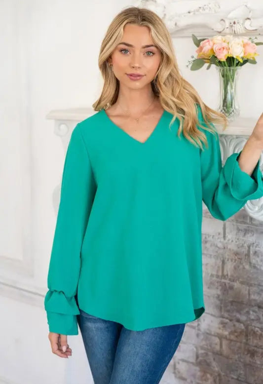 White Birch Long Sleeve Woven Top- Kelly Green