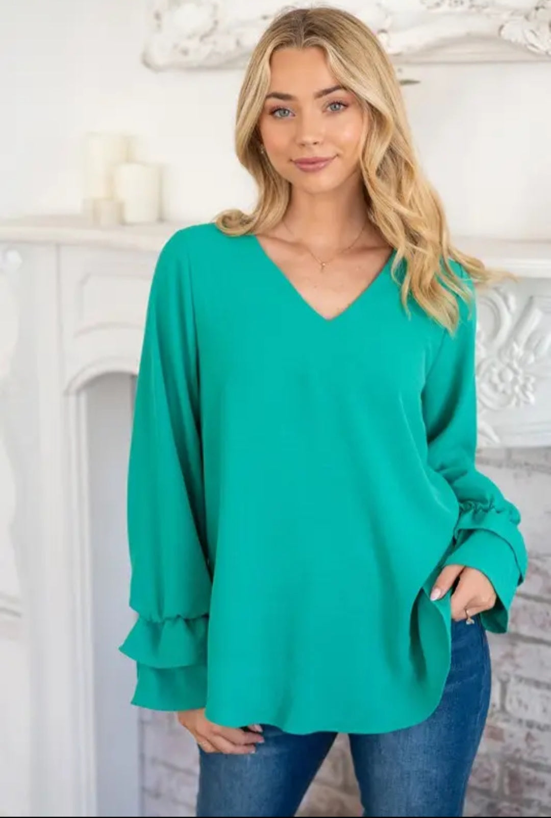 White Birch Long Sleeve Woven Top- Kelly Green