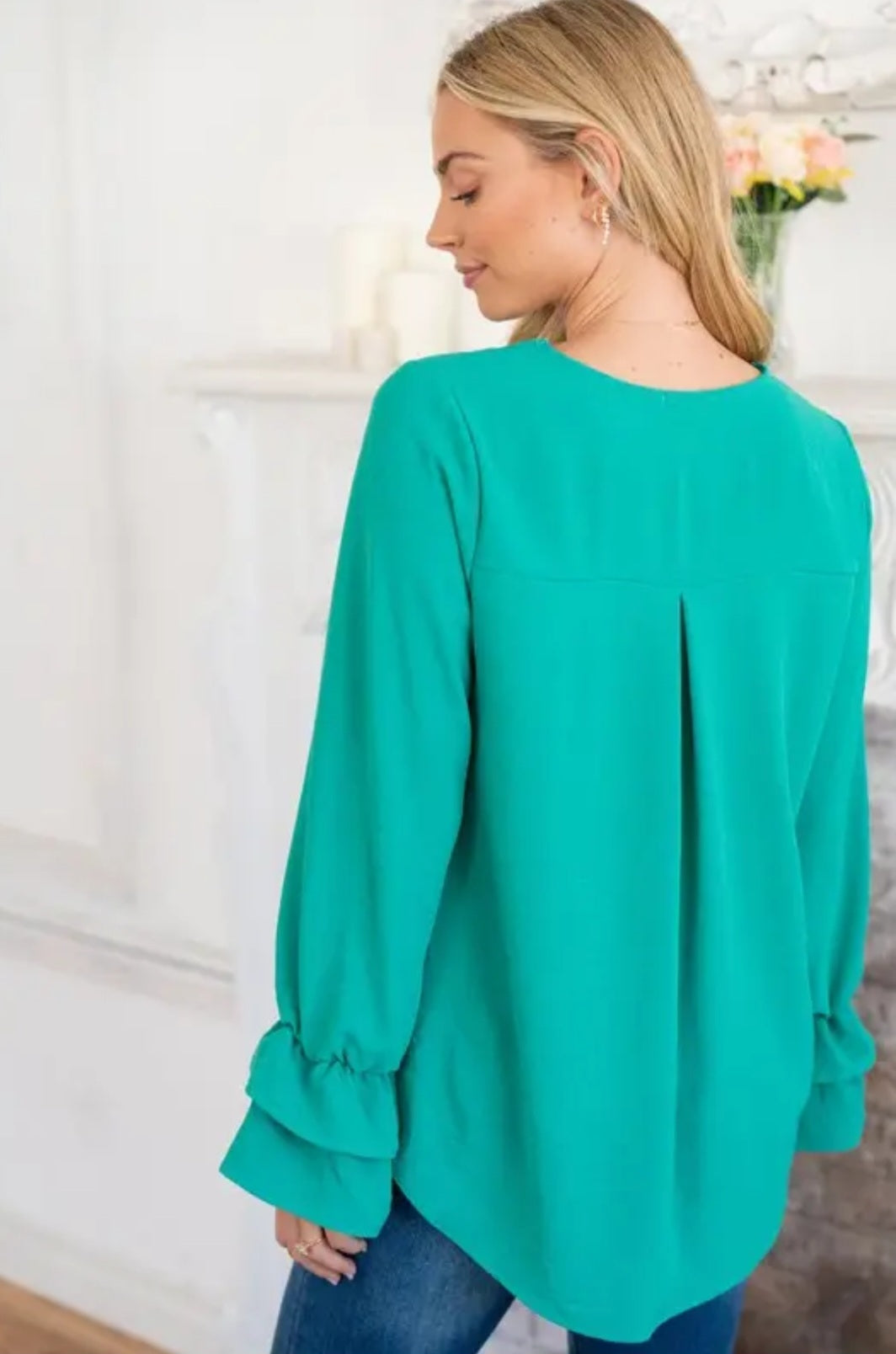 White Birch Long Sleeve Woven Top- Kelly Green