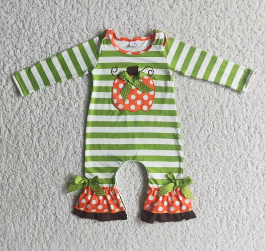 Baby Girls Embroidered Pumpkin Green Stripes Romper