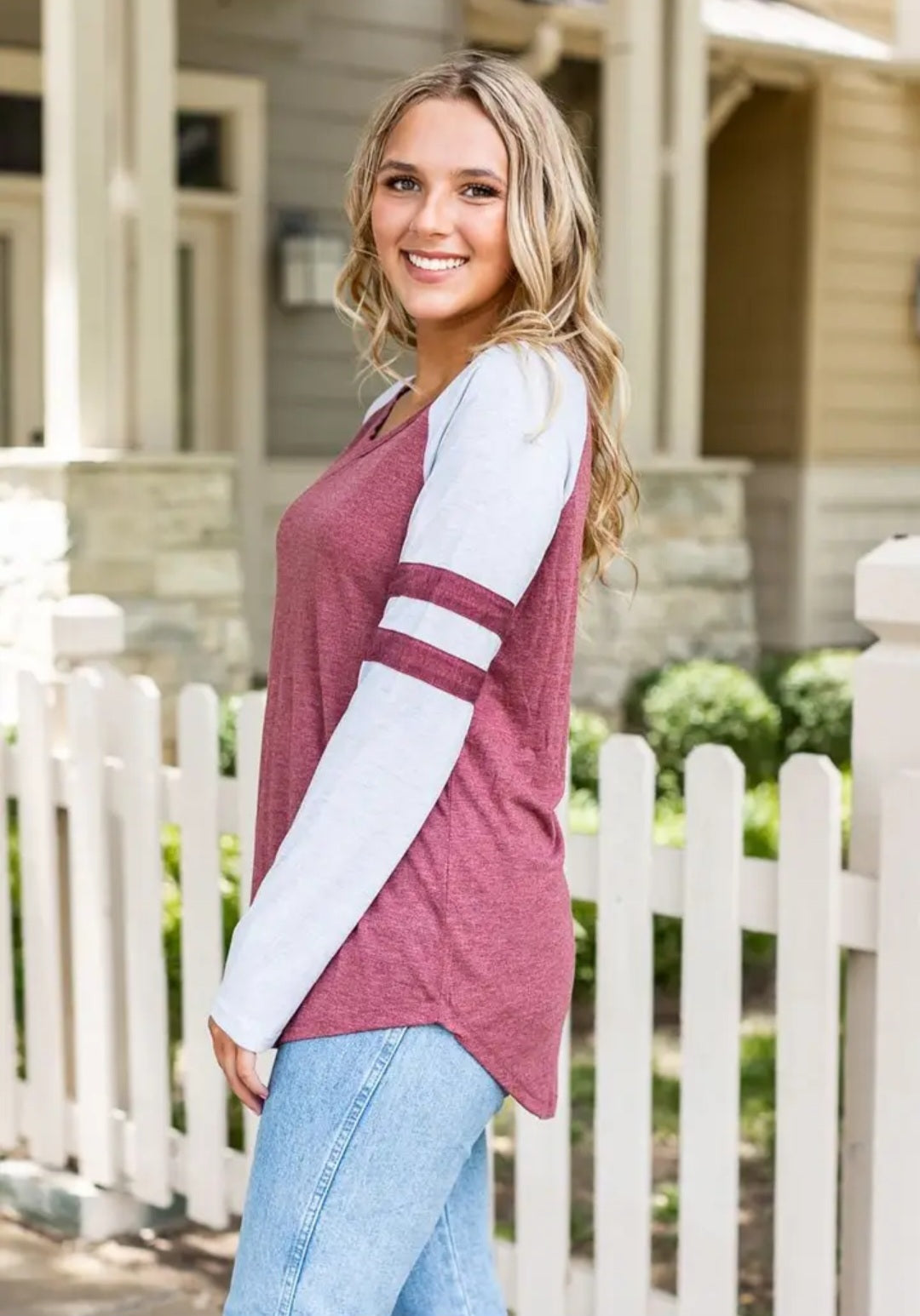 Maroon Longsleeve Tee with Grey Sleeves and Varsity Stripe