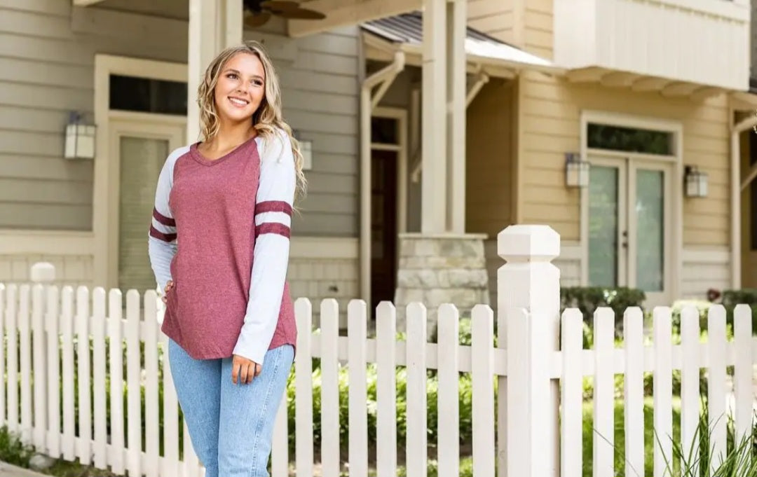 Maroon Longsleeve Tee with Grey Sleeves and Varsity Stripe