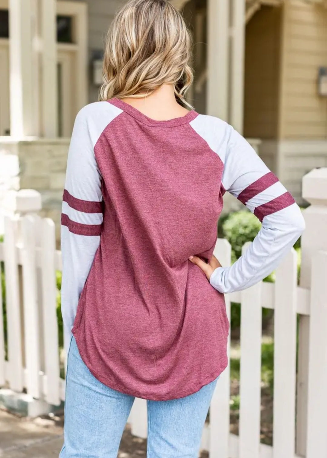 Maroon Longsleeve Tee with Grey Sleeves and Varsity Stripe