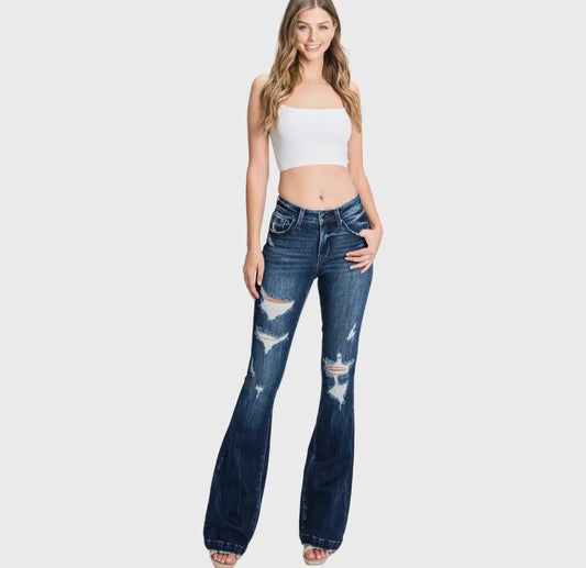 Petra153 PETITE Distressed Mid Rise Stretch Flare Jeans