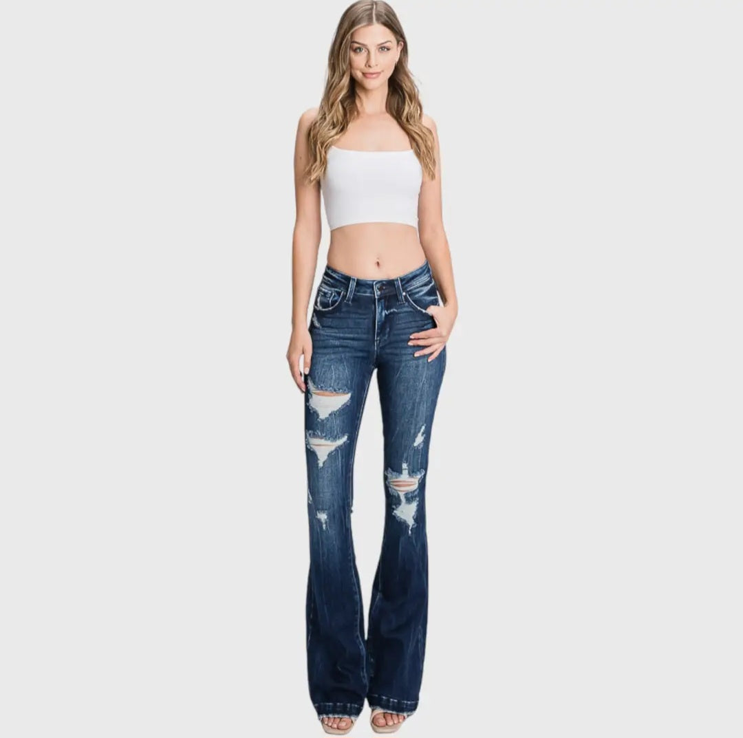 Petra153 PETITE Distressed Mid Rise Stretch Flare Jeans