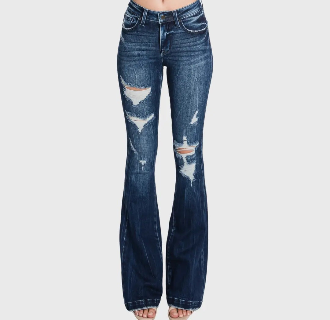 Petra153 PETITE Distressed Mid Rise Stretch Flare Jeans