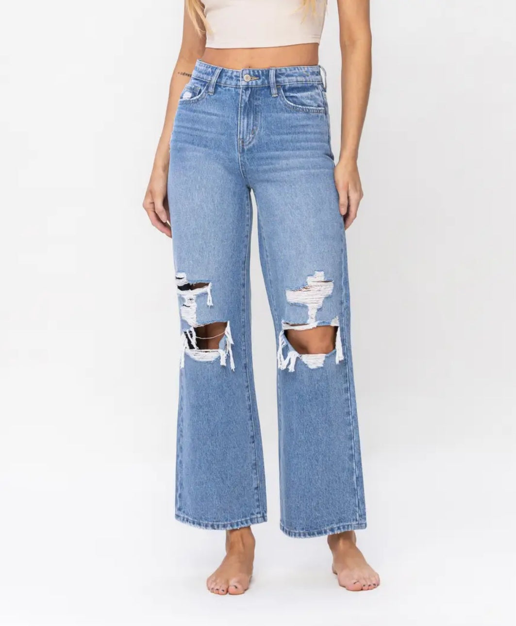 High Rise Distressed Wide Leg Jeans