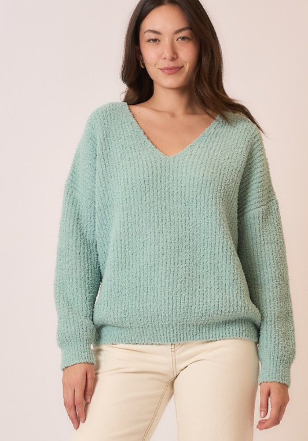 Cozy Co Seafoam Light Knit V Neck Pullover Sweater