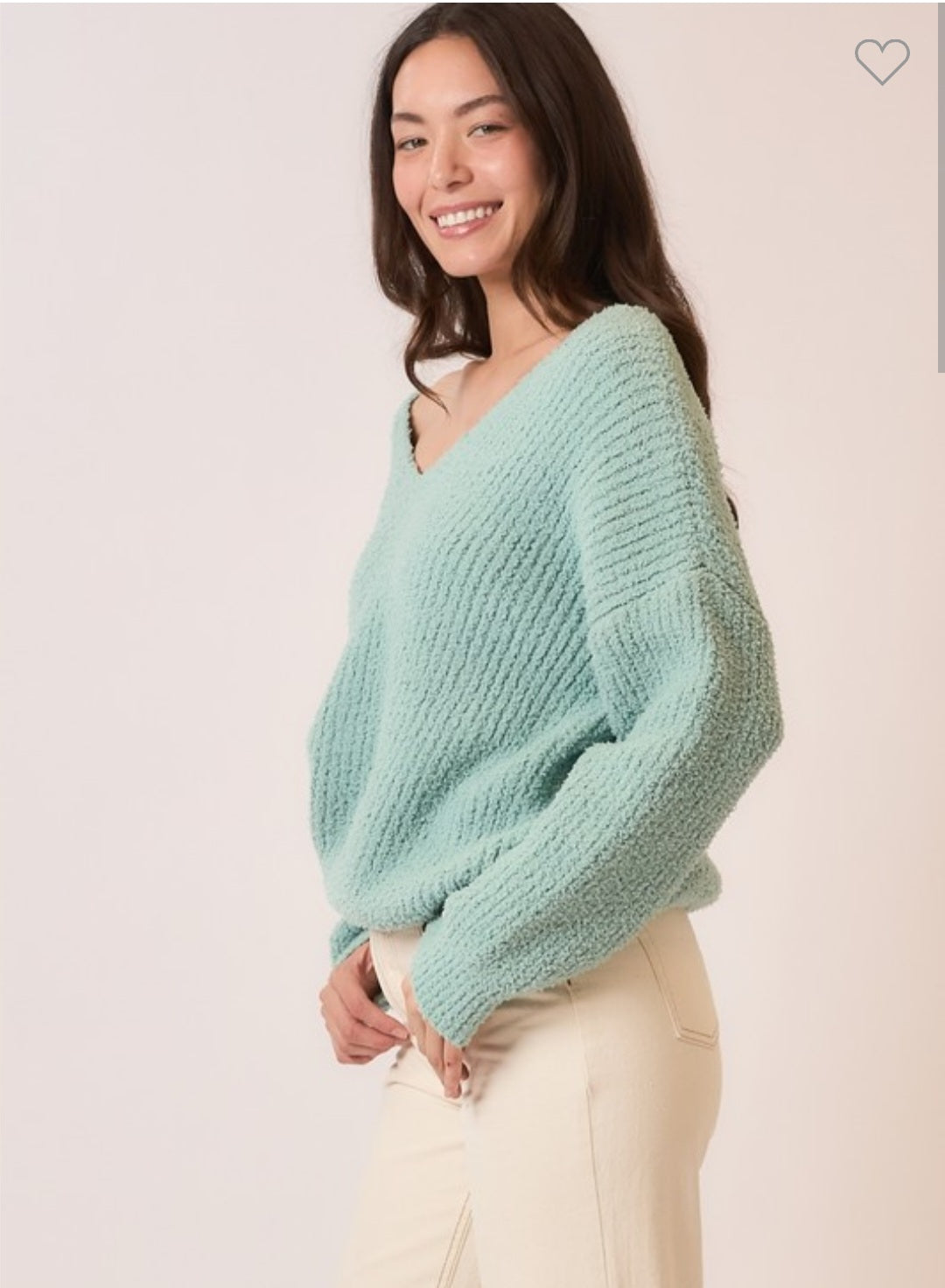 Cozy Co Seafoam Light Knit V Neck Pullover Sweater